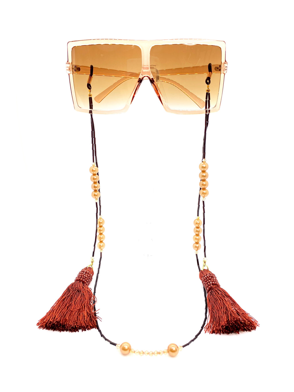 Glam Rock Beige Square Sunglasses with Chain