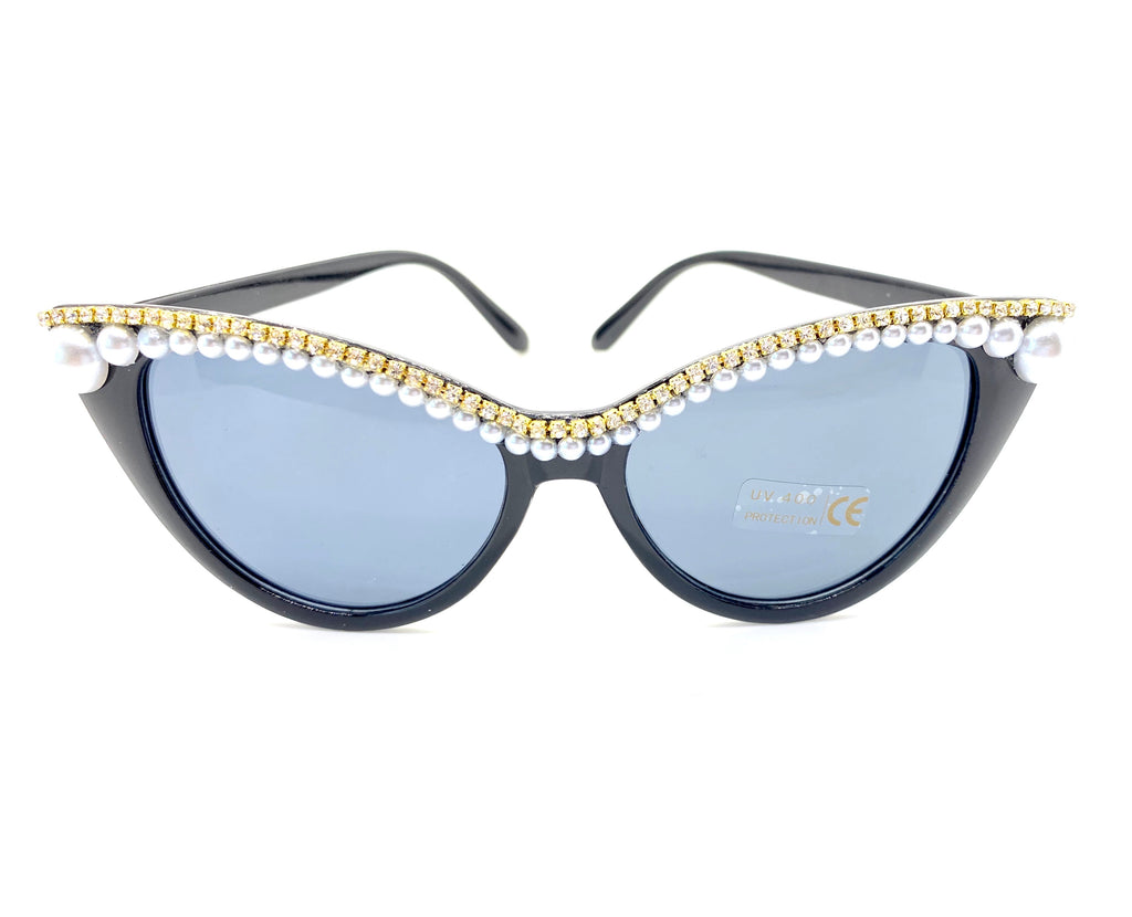 Pearl Rhinestone Black Cat Eye Sunglasses