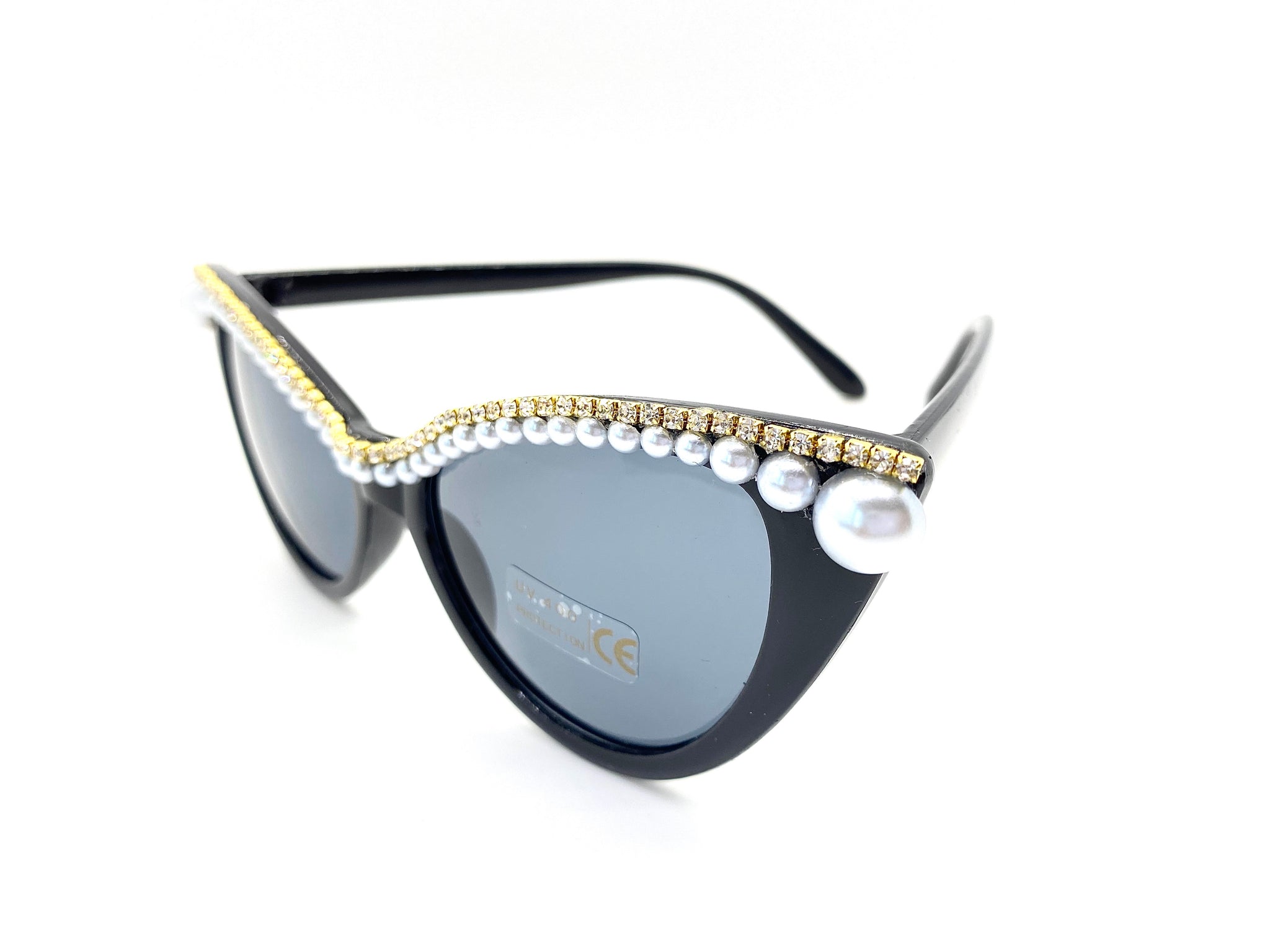 Pearl Rhinestone Black Cat Eye Sunglasses