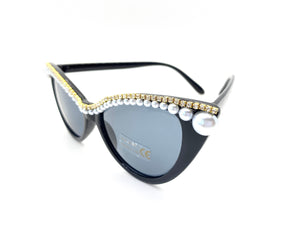 Pearl Rhinestone Black Cat Eye Sunglasses