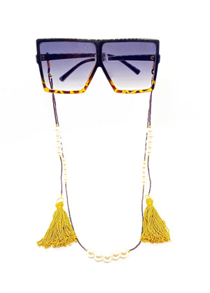 Glam Rock Black Giraffe Print Square Sunglasses with Chain
